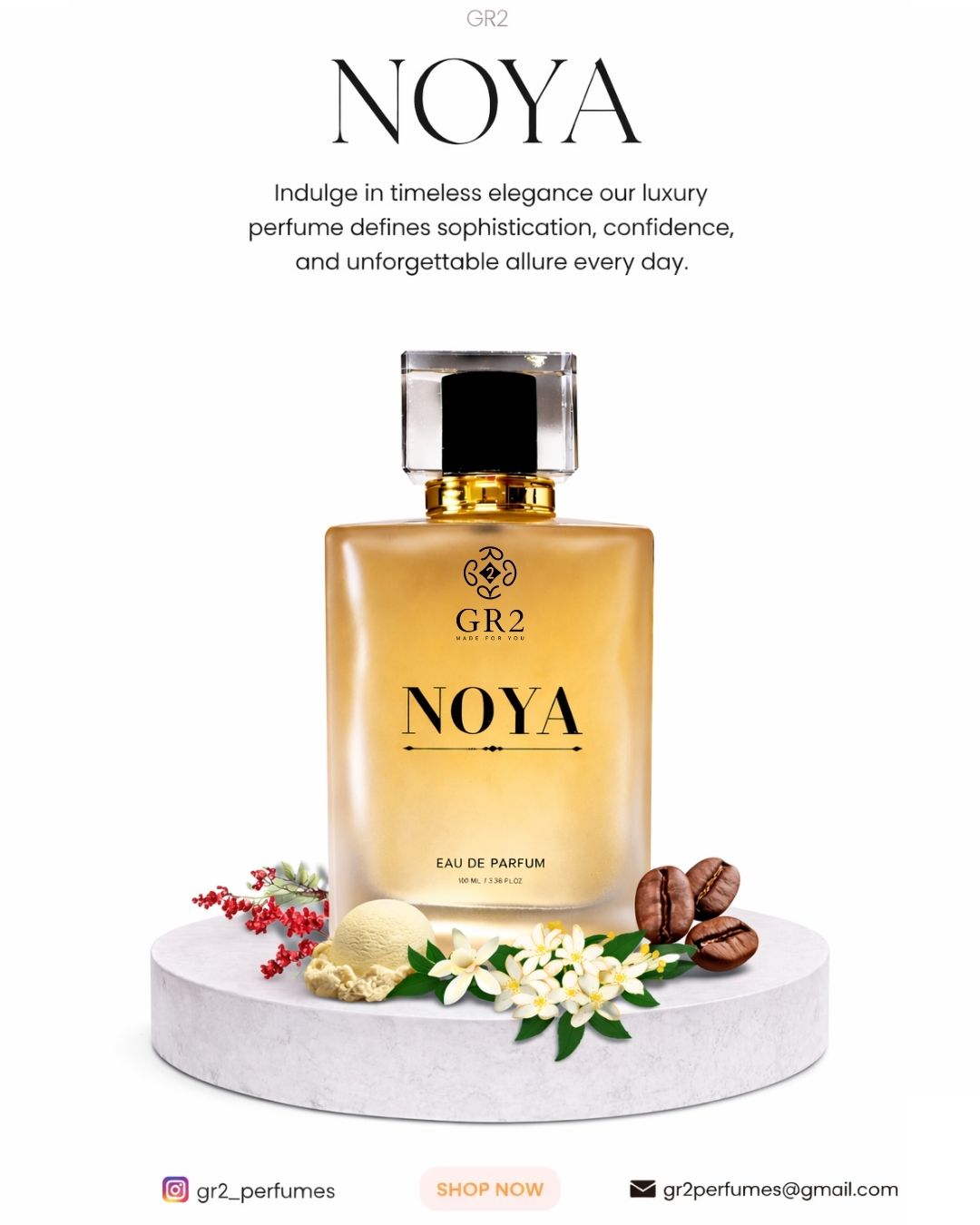 Noya -Eau de Parfum for Men & Women, Unisex Fragrance Sweet coffee and vanilla with soft jasmine and spicy pink pepper. 100 ml Spray