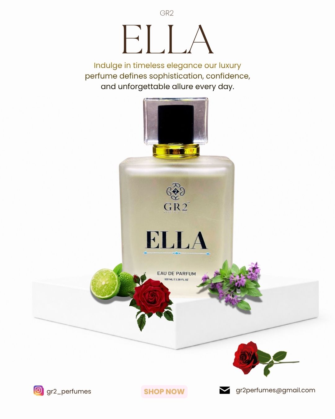 ⁠Ella - - Eau de Parfum for Women with Elegant roses blended with bergamot and soft musk for a romantic feel. 100 ml Spray
