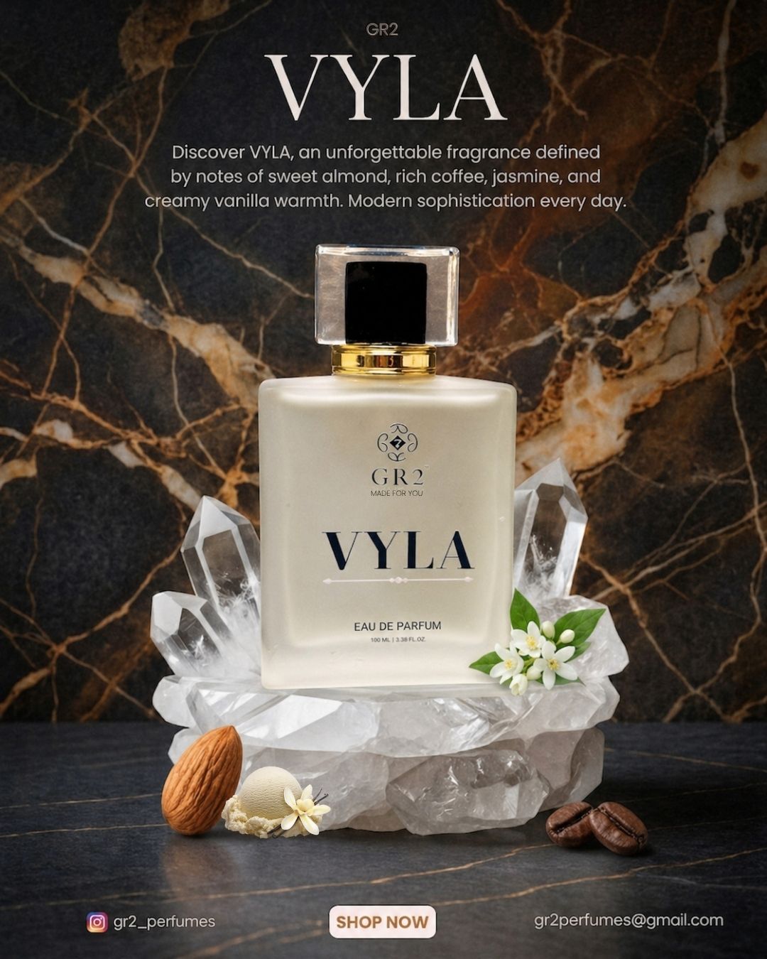 Vyla -Eau de Parfum for Women with Sweet almond and coffee with jasmine and creamy vanilla warmth. 100 ml Spray