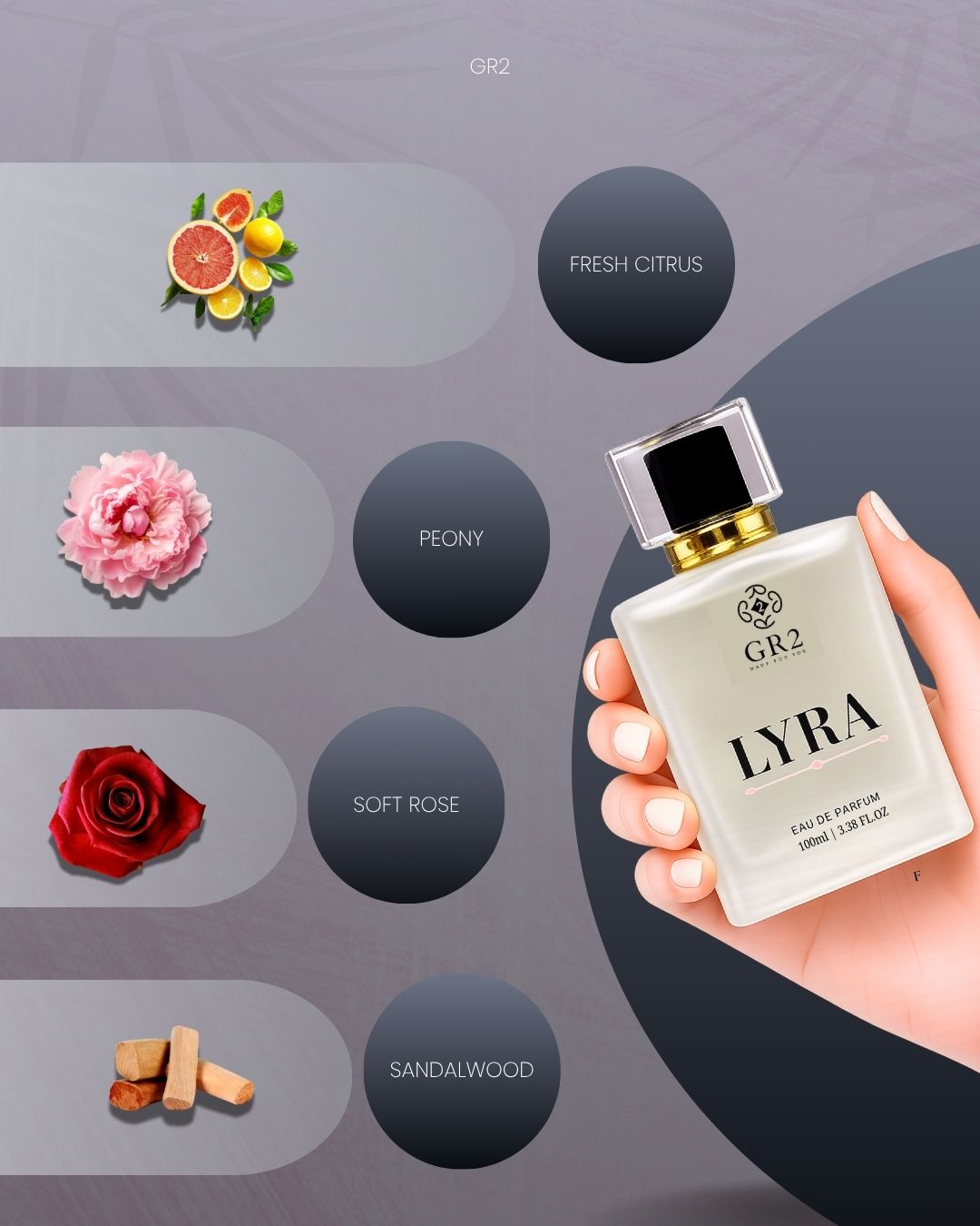 Lyra - Eau de Parfum for Women with Fresh citrus and peony with soft rose on a warm sandalwood base.100 ml Spray