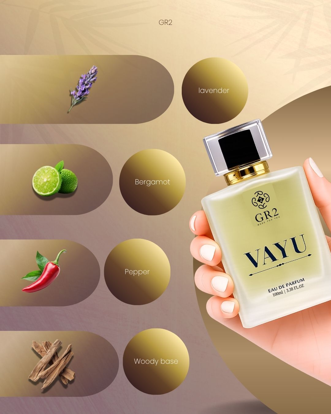 Vayu - Eau de Parfum for Men Fragrance with Fresh bergamot and pepper with lavender on a bold woody base. 100 ml Spray