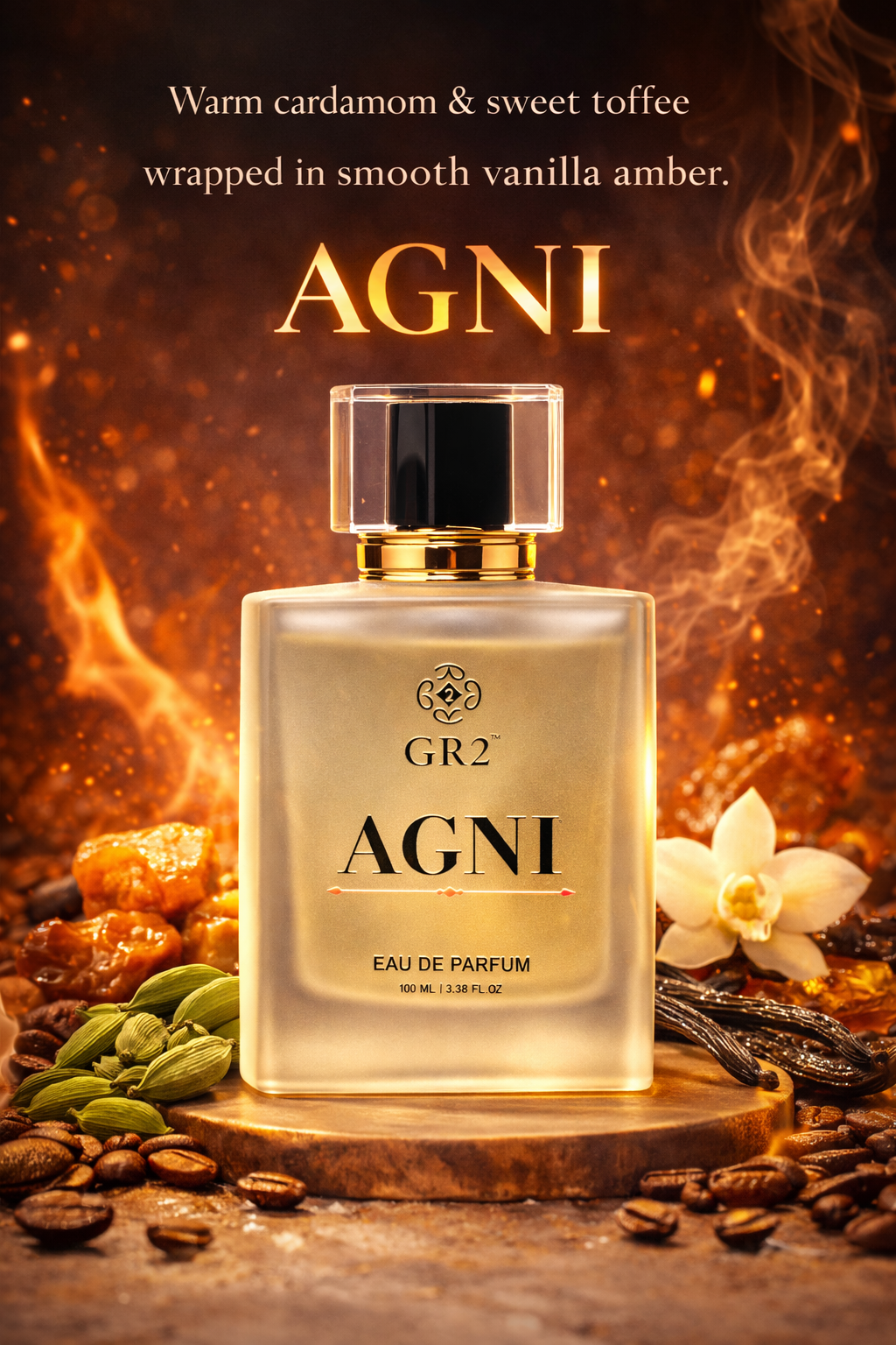 Agni - Eau de Parfum for Men with Warm cardamom and sweet toffee wrapped in smooth vanilla amber. 100 ml Spray