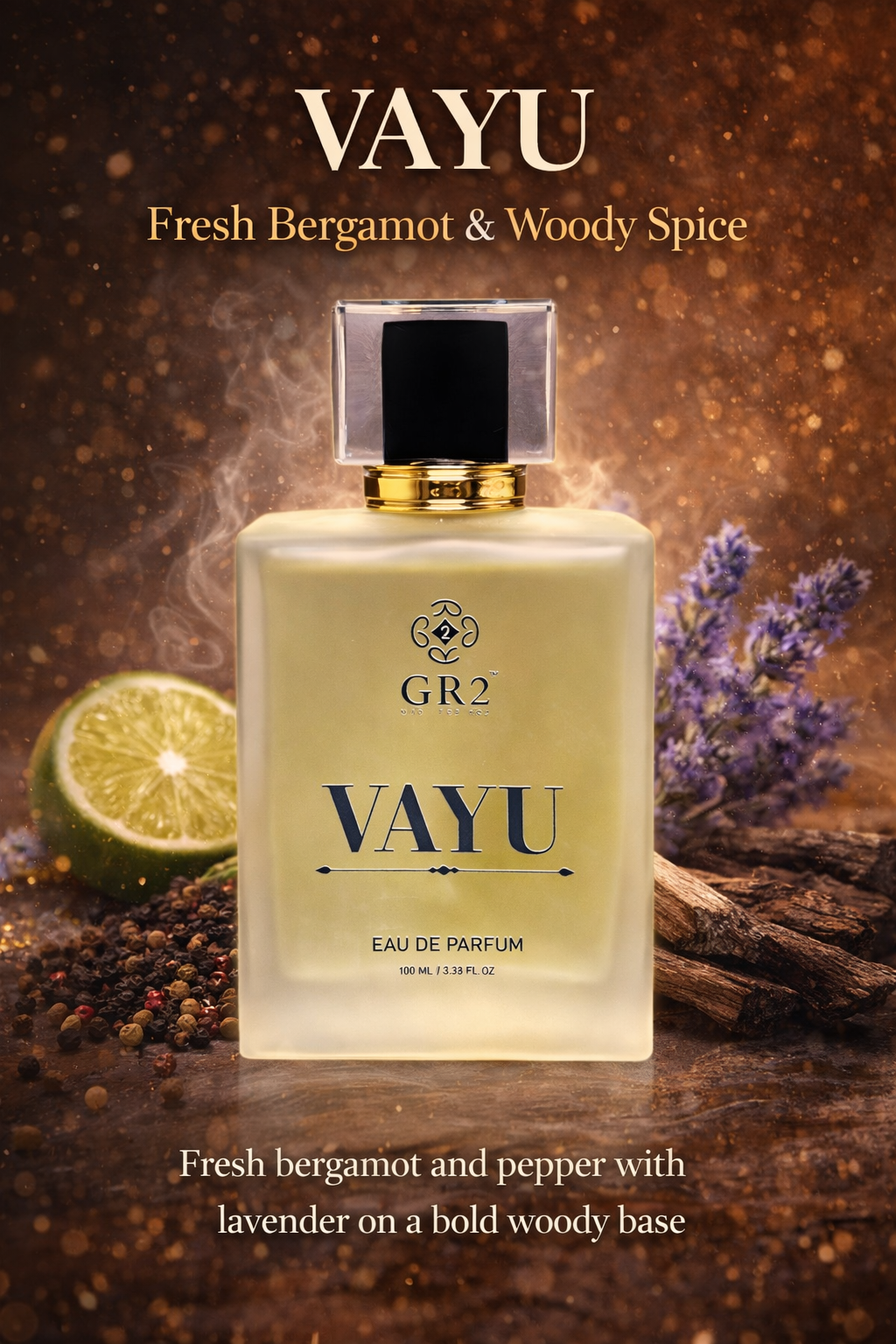 Vayu - Eau de Parfum for Men Fragrance with Fresh bergamot and pepper with lavender on a bold woody base. 100 ml Spray